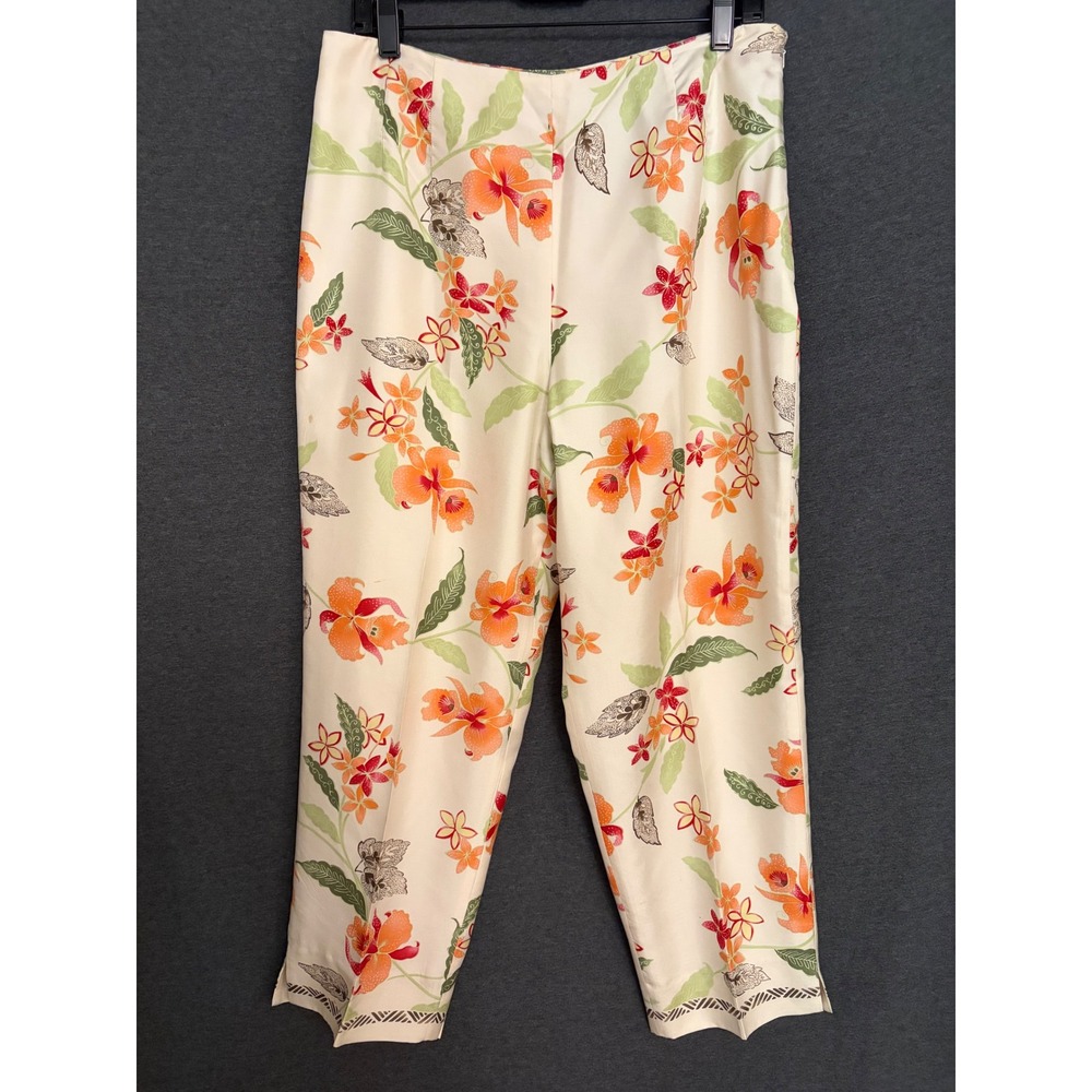 Talbots Silk Floral Pants 14P Cream Silk, Tropical, Orchid, Hibiscus, Summer